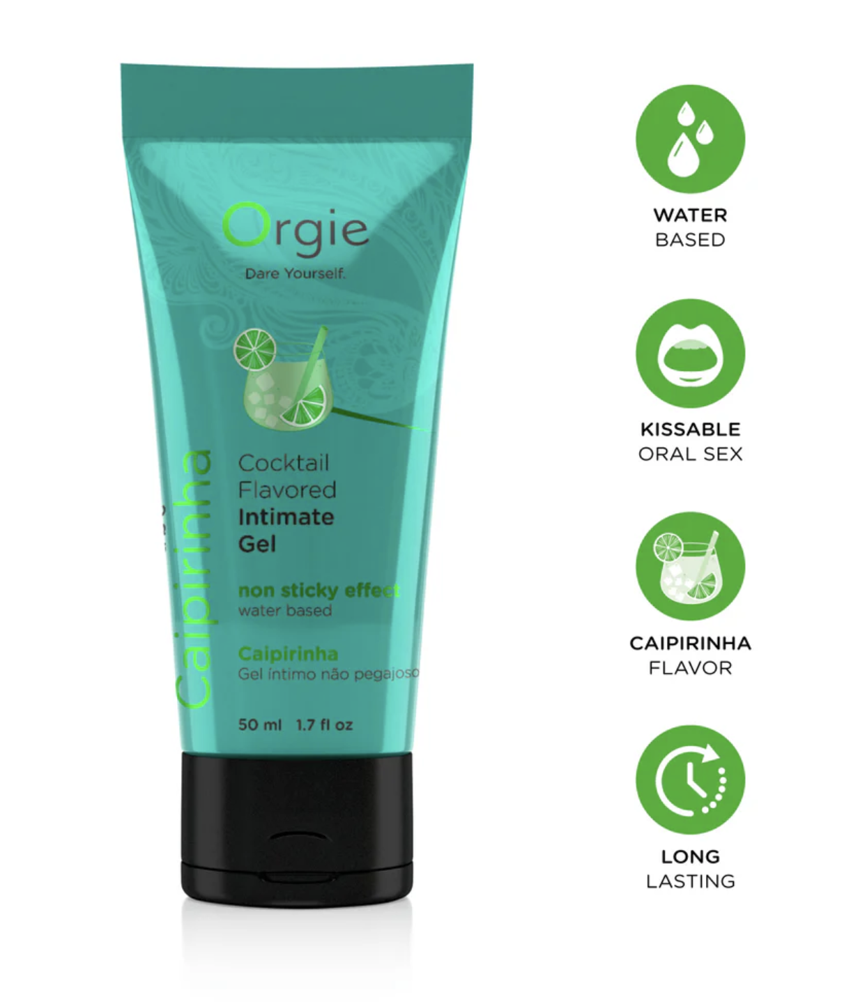 Orgie Caipirinha flavored intimate gel packaging on a white background