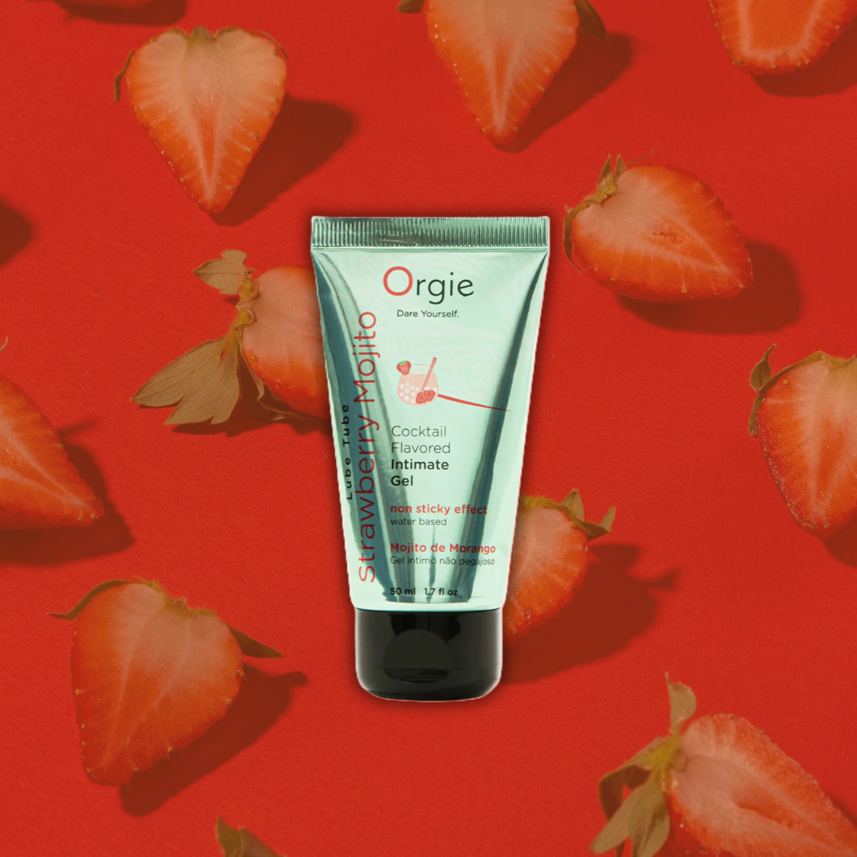 Tube of Orgie Strawberry Mojito flavored intimate gel on a light gray background