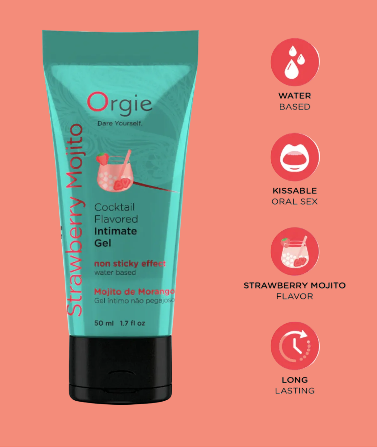 Tube of Strawberry Mojito flavored intimate gel with features listed on a white background