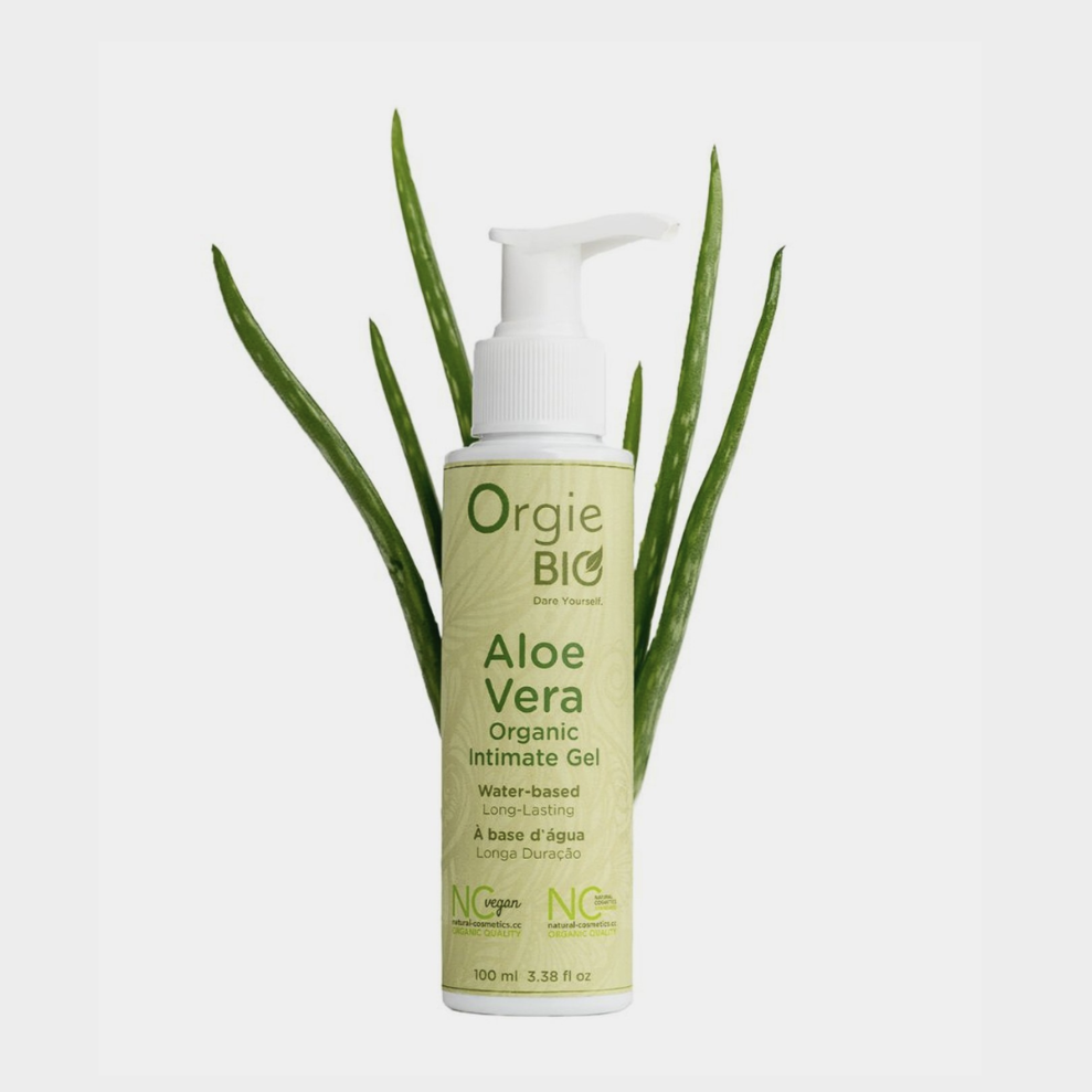 Orgie Bio Aloe Vera organic intimate gel bottle with aloe vera leaves on a white background