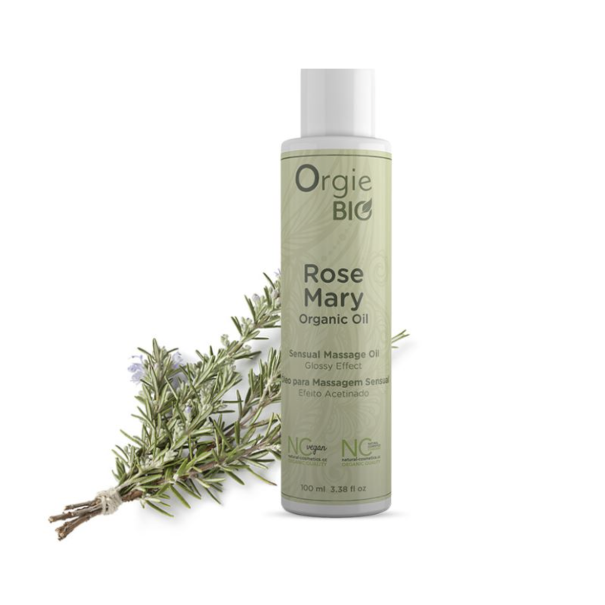 Orgie Bio Rosemary organic massage oil bottle with rosemary spring on a white background