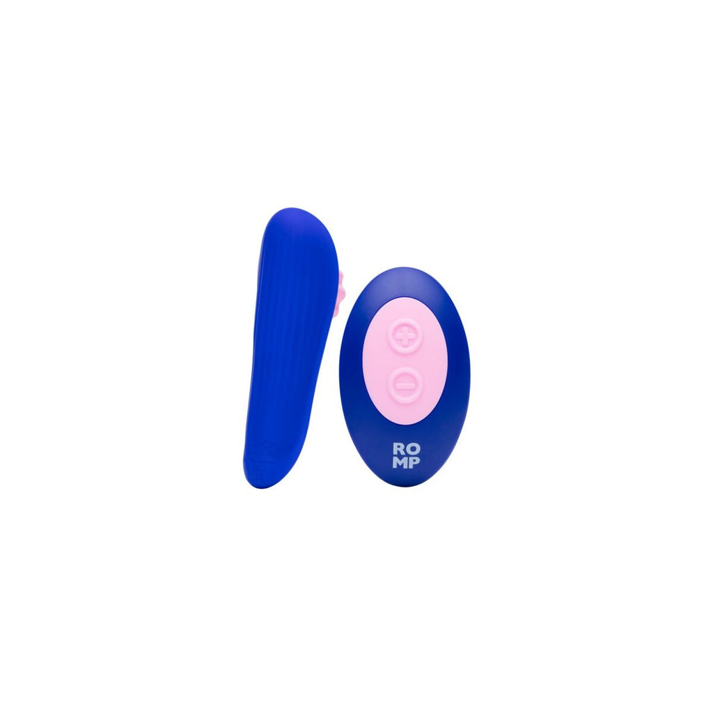 Blue and pink pleasure device with 'ROMP' erotic products branding on a white background
