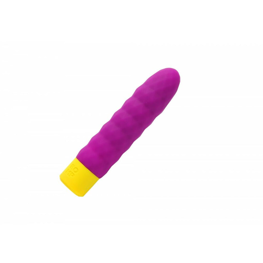 Purple and yellow adult toy on a white background