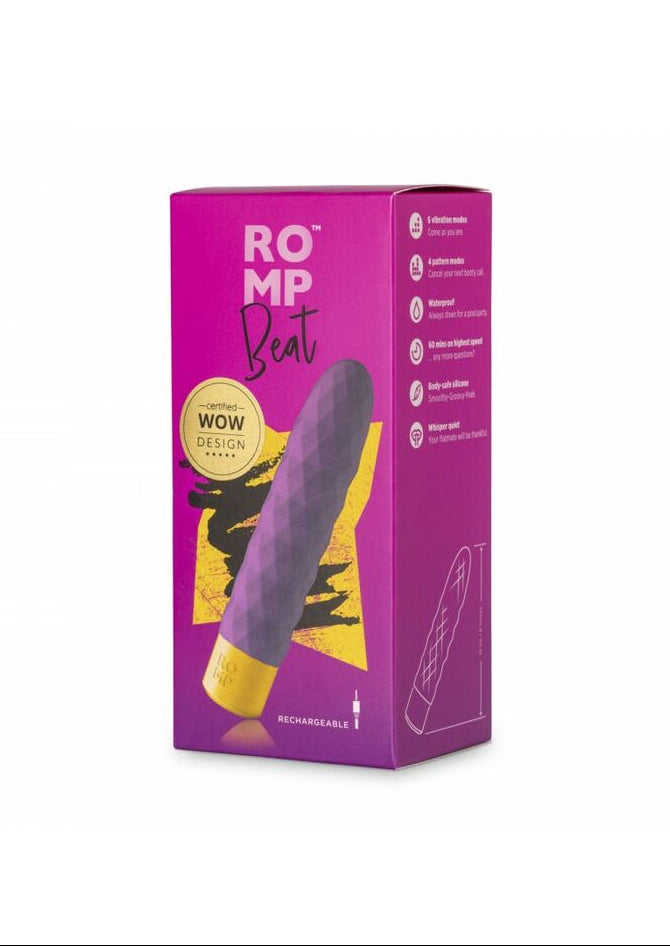 Purple discreet packaging of a product intended for adults with 'ROMP' branding on a white background