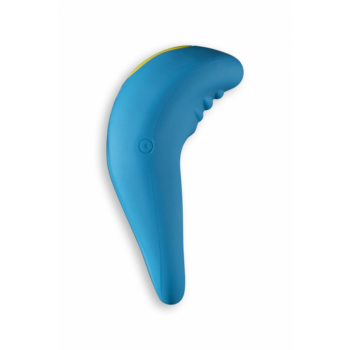 Blue and yellow curved penis ring with clitoris stimulating ribs on a white background