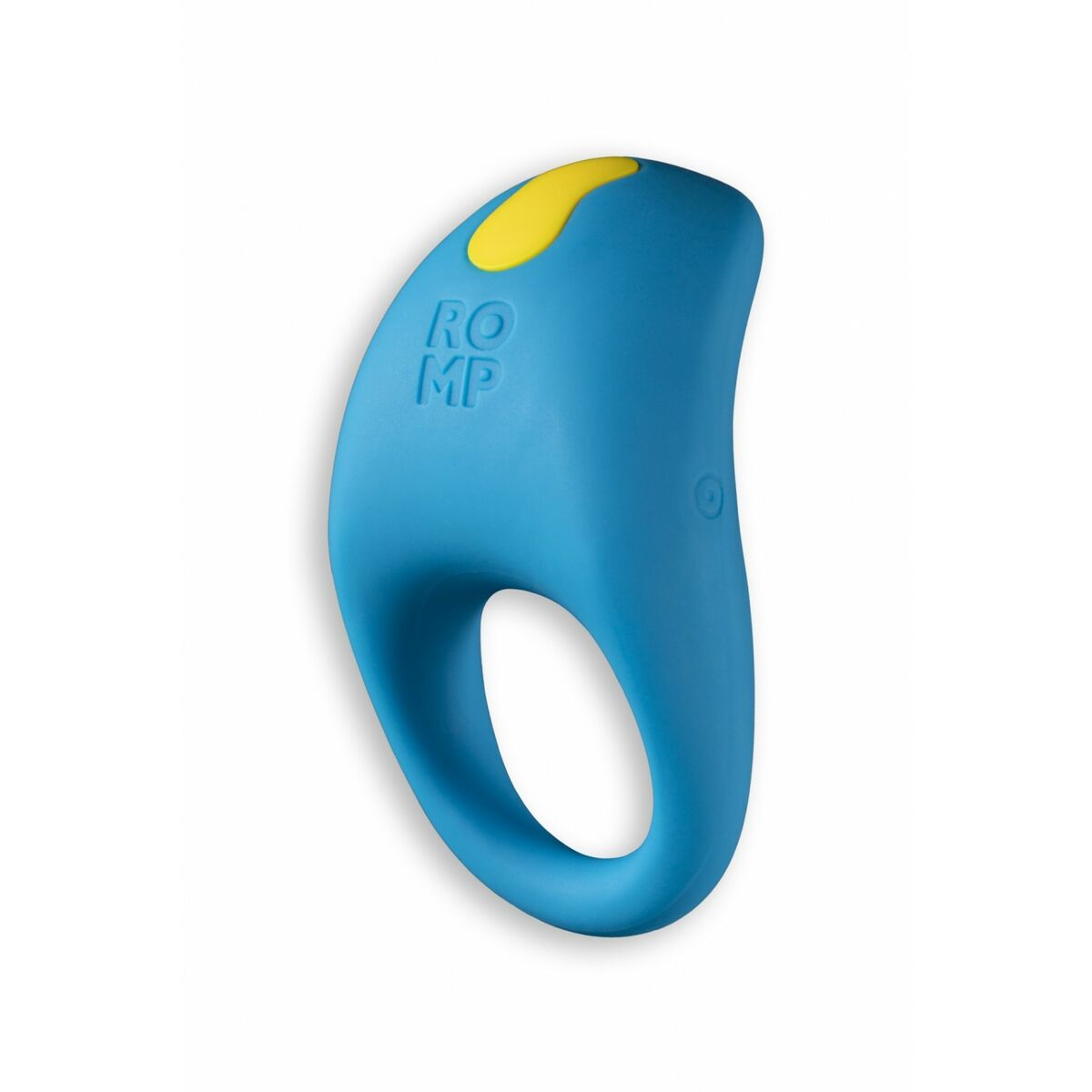 Blue and yellow silicone sexual wellness device with 'Romp' branding on a white background