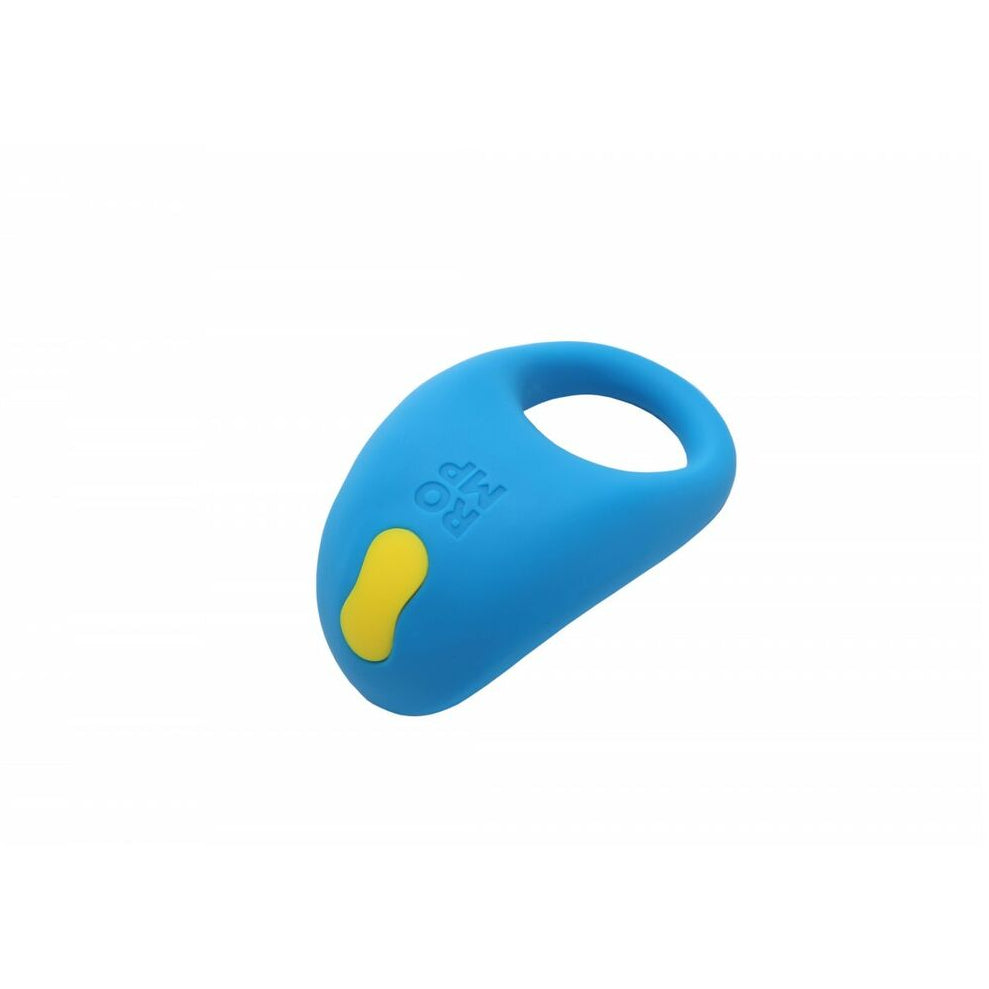 Blue and yellow ROMP penis ring device on a white background