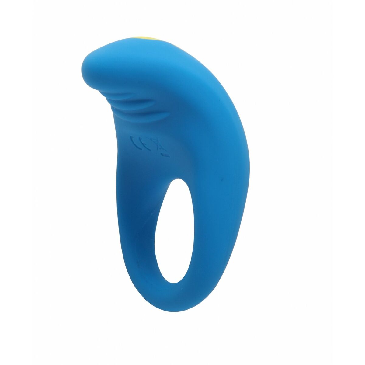 Blue silicone penis ring on a white background