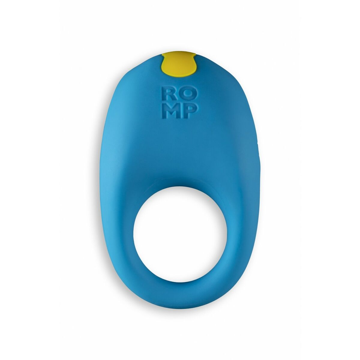 Blue and yellow pleasure device with 'ROMP' branding on a white background