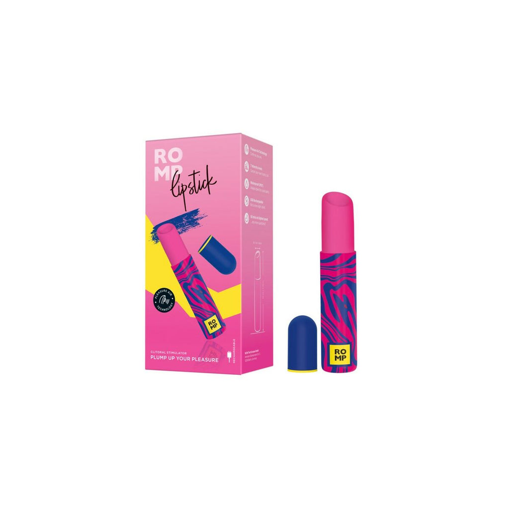 Pink and blue romp sexual wellness product with packaging on a white background