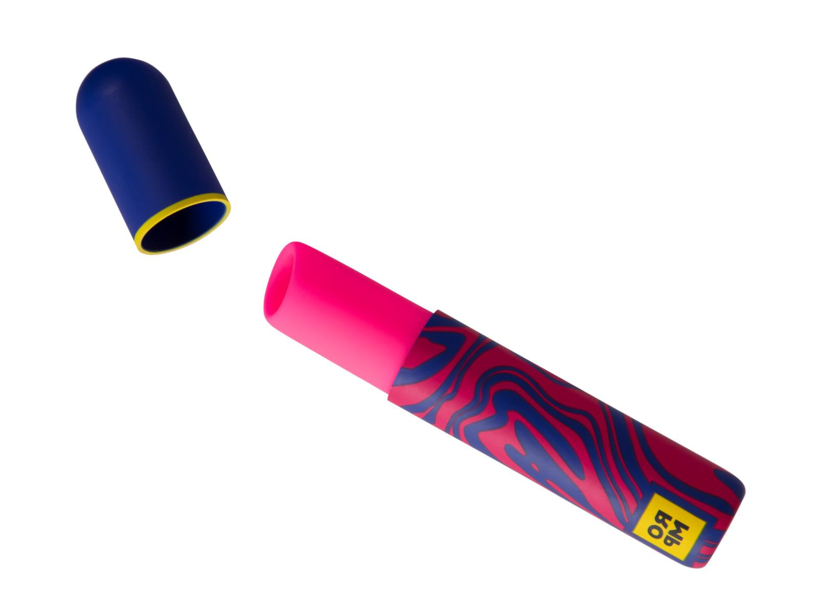 Pink and blue lipstick with a marbled pattern and 'ROMP' branding on a white background