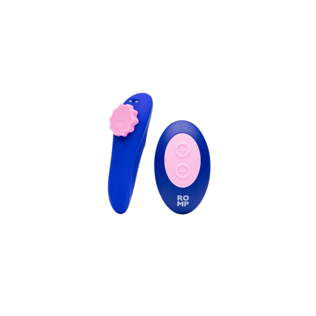 Blue and pink sexual wellness device with 'ROMP' branding on a white background