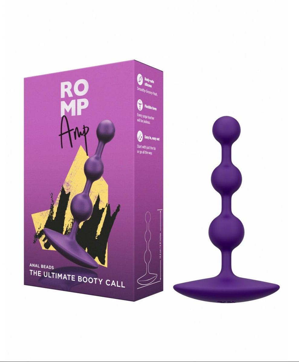 Purple anal beads with packaging labeled 'ROMP' on a white background