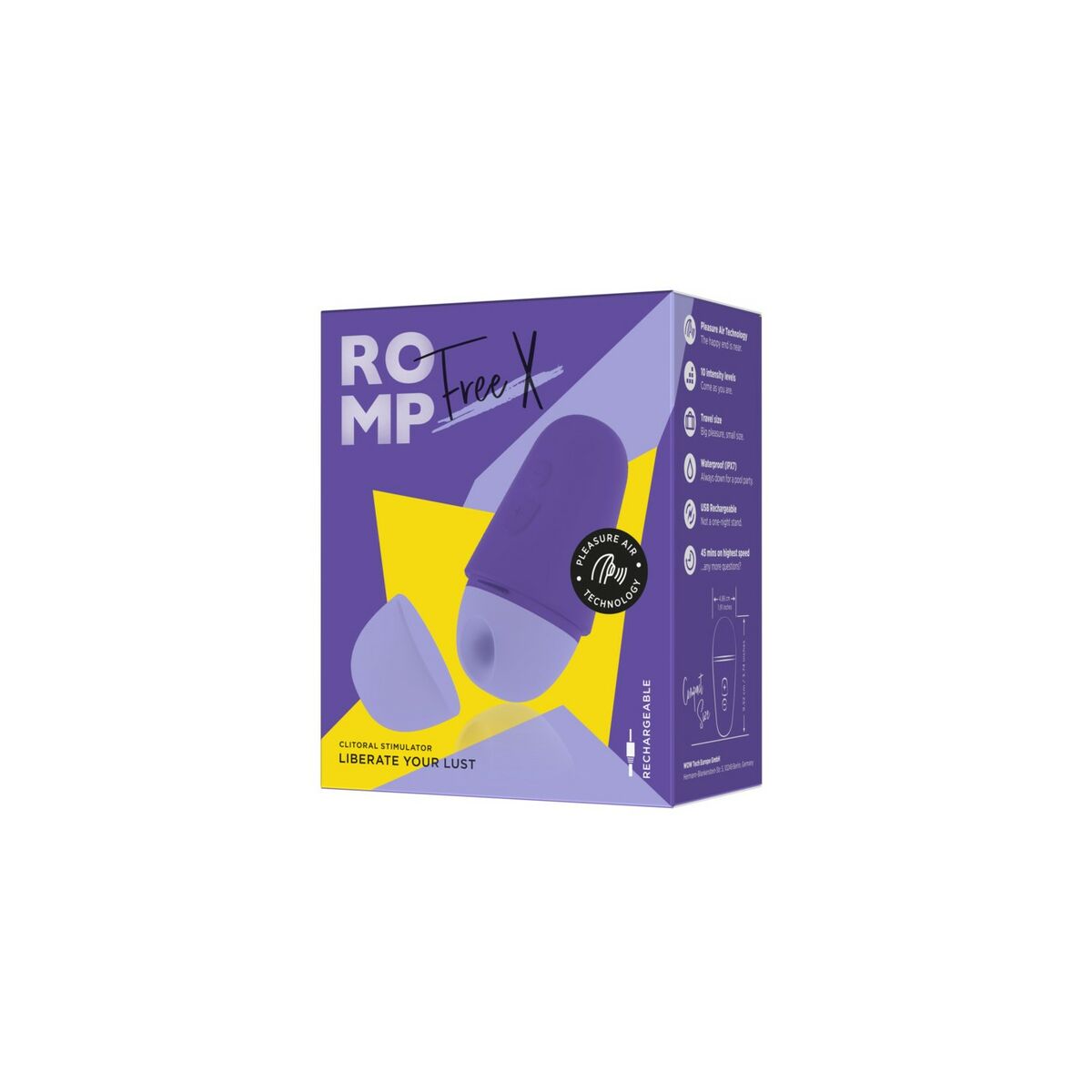 Purple and yellow packaging box with 'ROMP Free X' branding on a white background