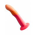Colorful silicone dildo for women with gradient from orange to red on a white background