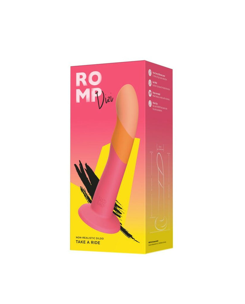 Romp Adult toy Product discreet packaging with pink and yellow design on a white background