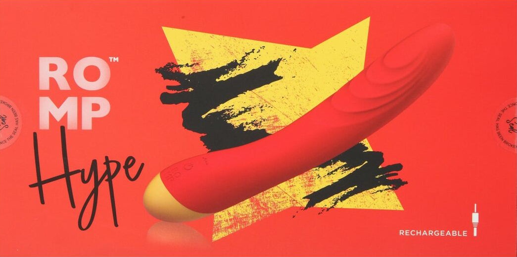 erotic Product packaging with a red background, yellow and black design, and 'ROMP Hype' branding.