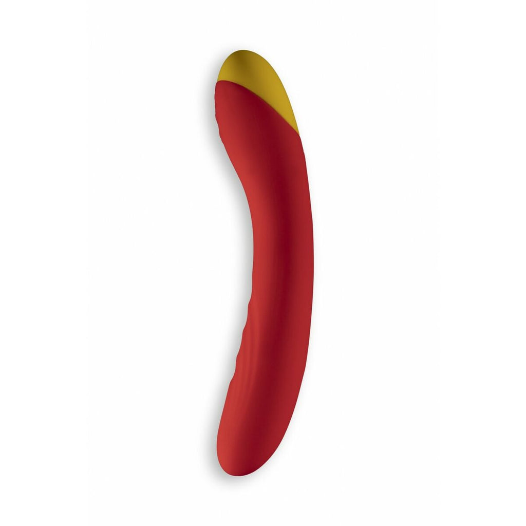 Red curved adult toy with yellow tip on a white background