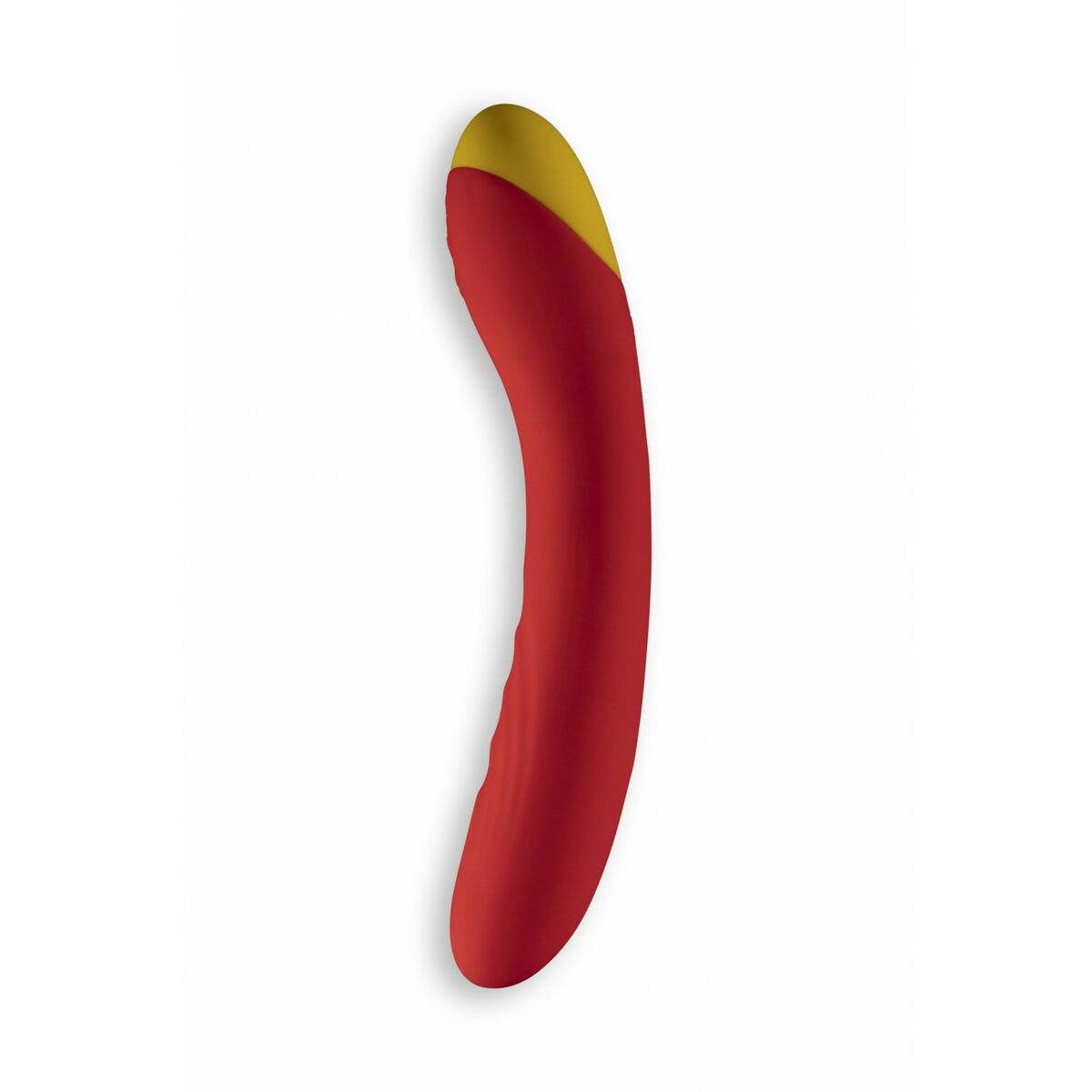 Red curved adult toy with yellow tip on a white background