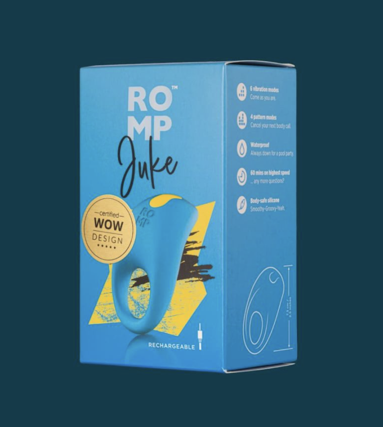 Blue packaging of ROMP Juke on a dark blue background