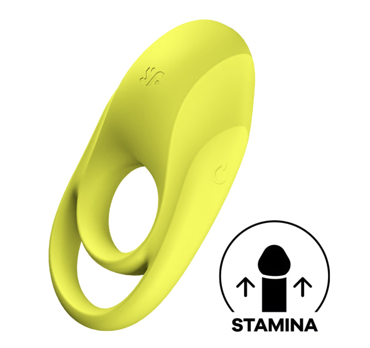 Satisfyer vibrating Cock Ring Duo Yellow with male stamina logo on white background
