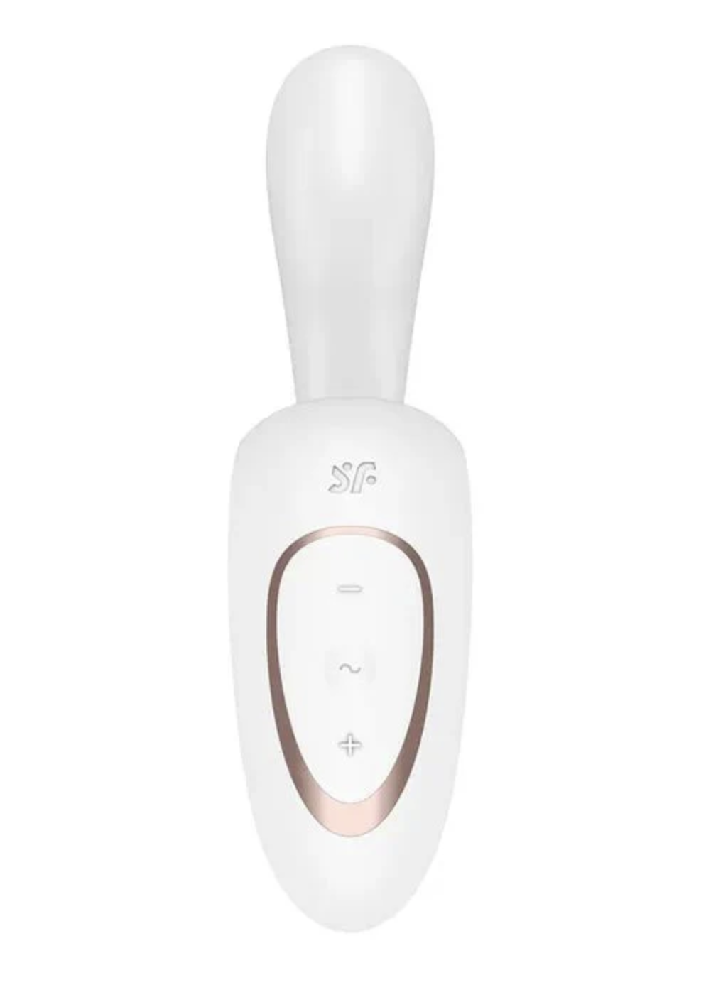 White electronic device with a rose gold logo on a white background