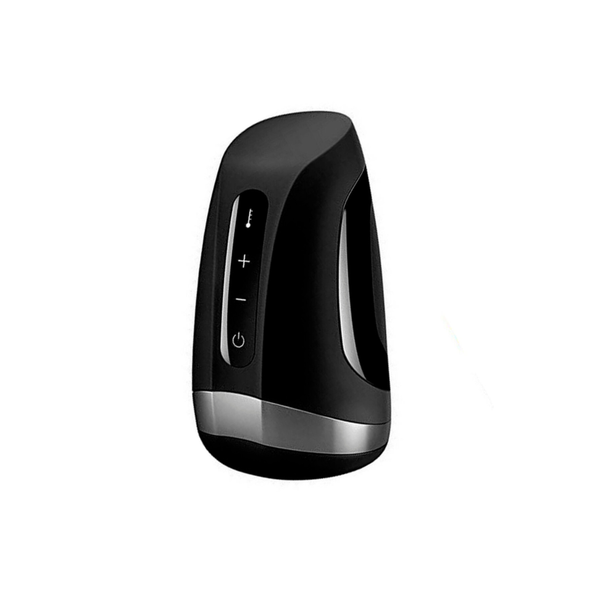 Black and silver sexual wellness device for men with vibration and heat indicator on a white background