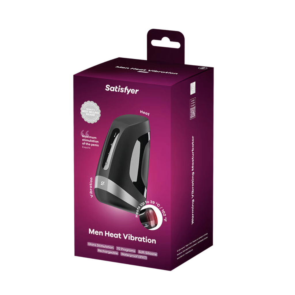 Purple packaging of Satisfyer Men Heat Vibration product on a white background