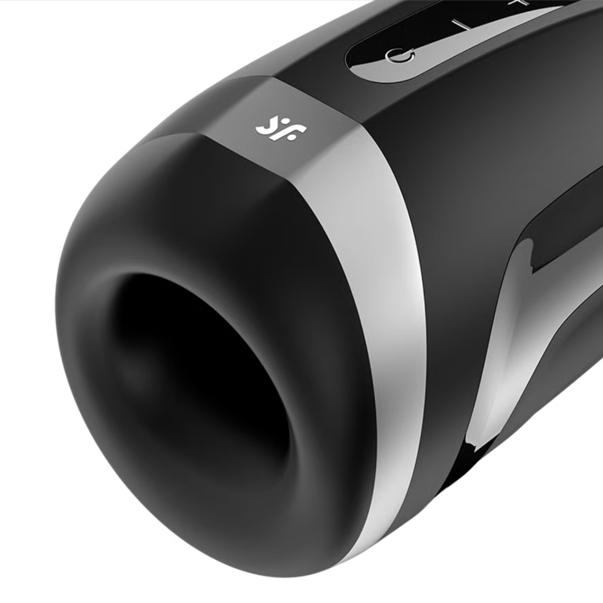 Black and silver masturbator for men with a brand logo on a white background