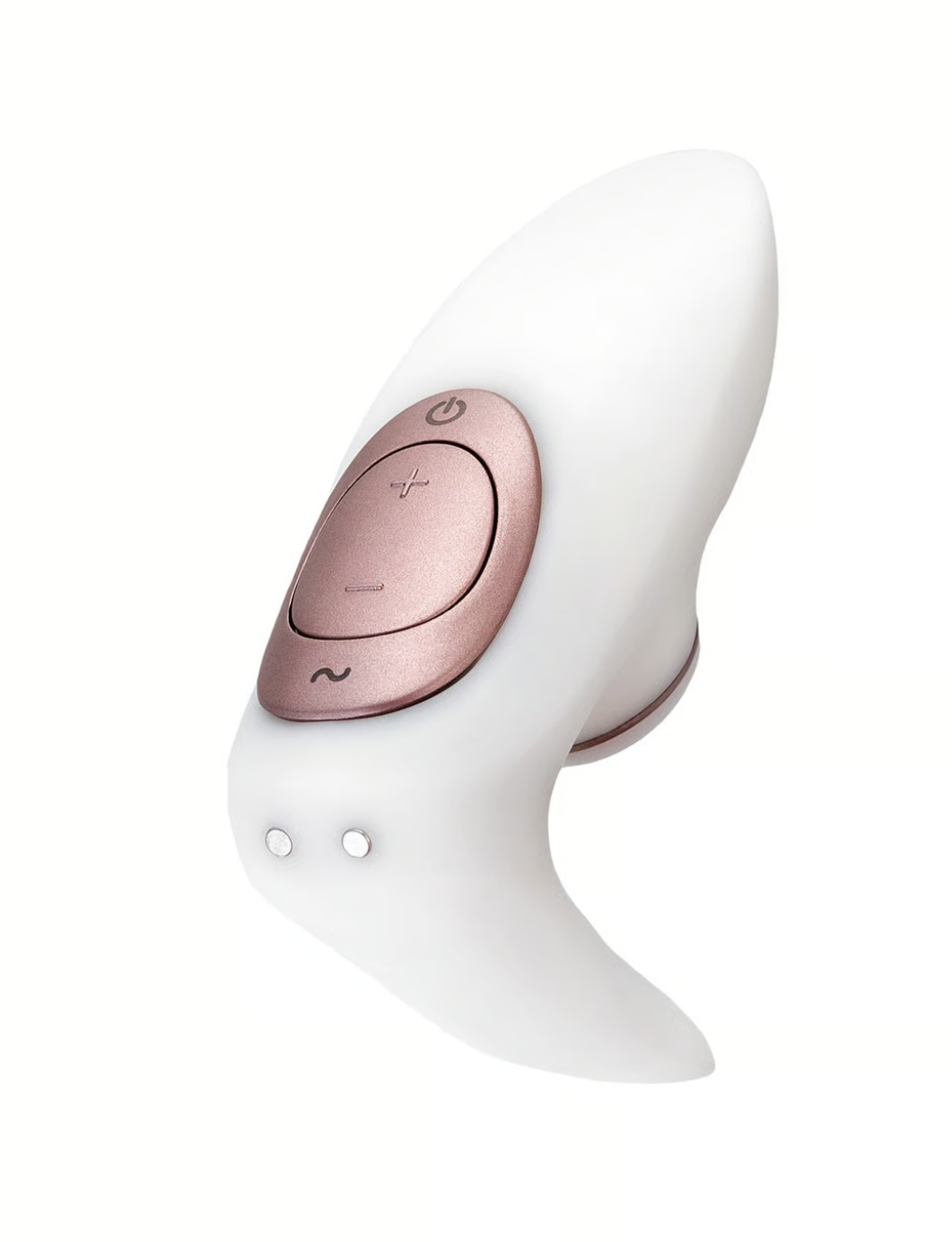 white pleasure device with rose gold controls over a white background