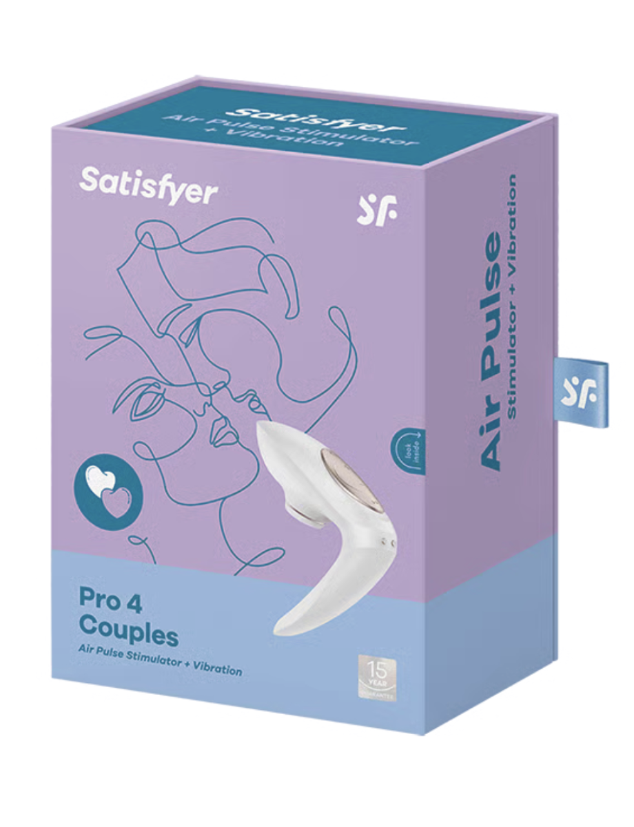 Satisfyer Pro 4 Couples vibrator air pulse packaging on a white background