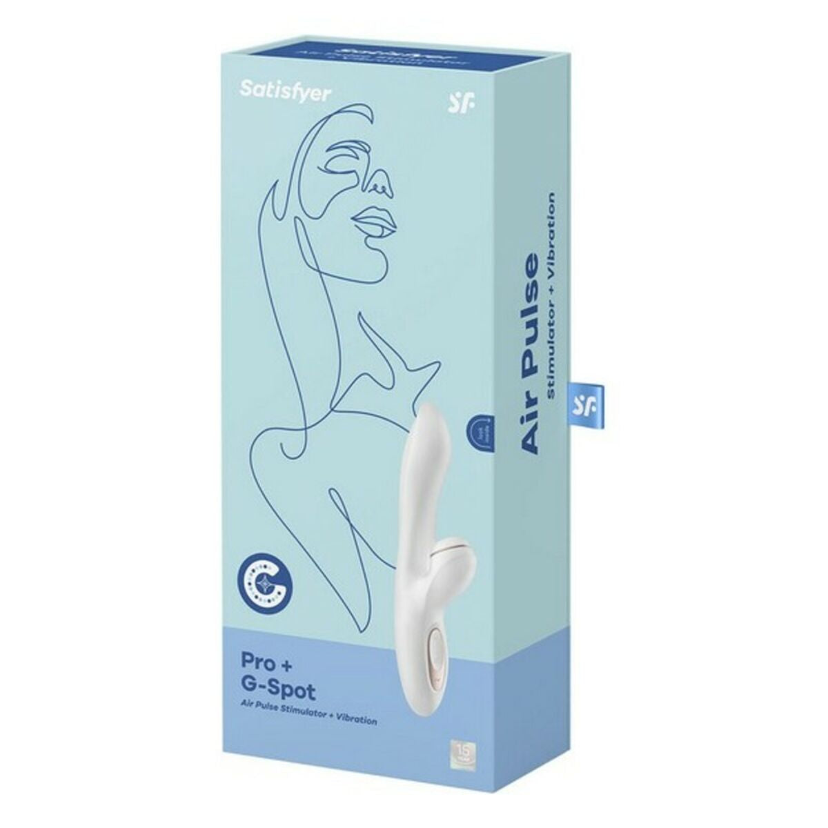 Product packaging for Satisfyer Air Pulse Pro + G-Spot on a light blue background