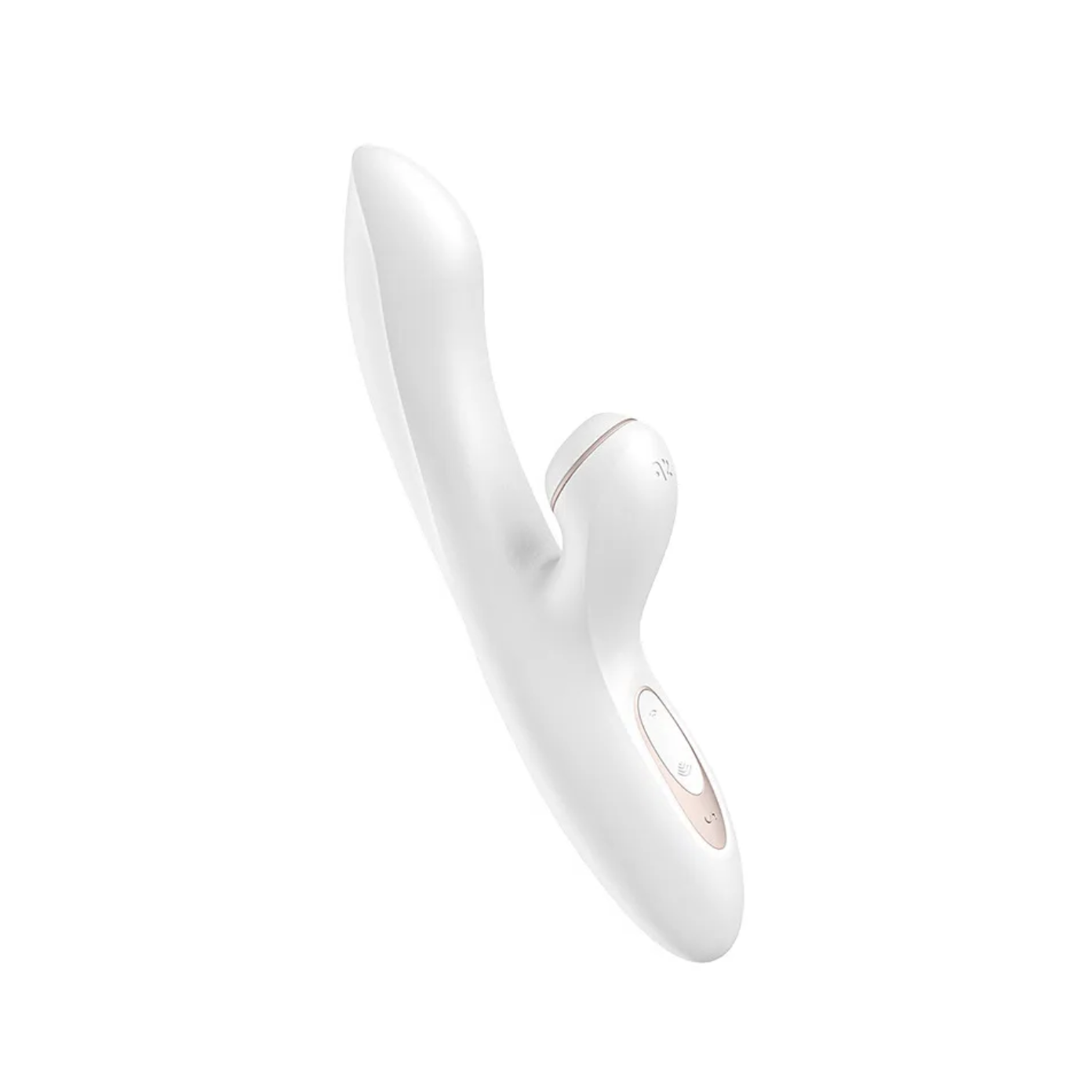 White sexual wellness device with a curved design on a white background
