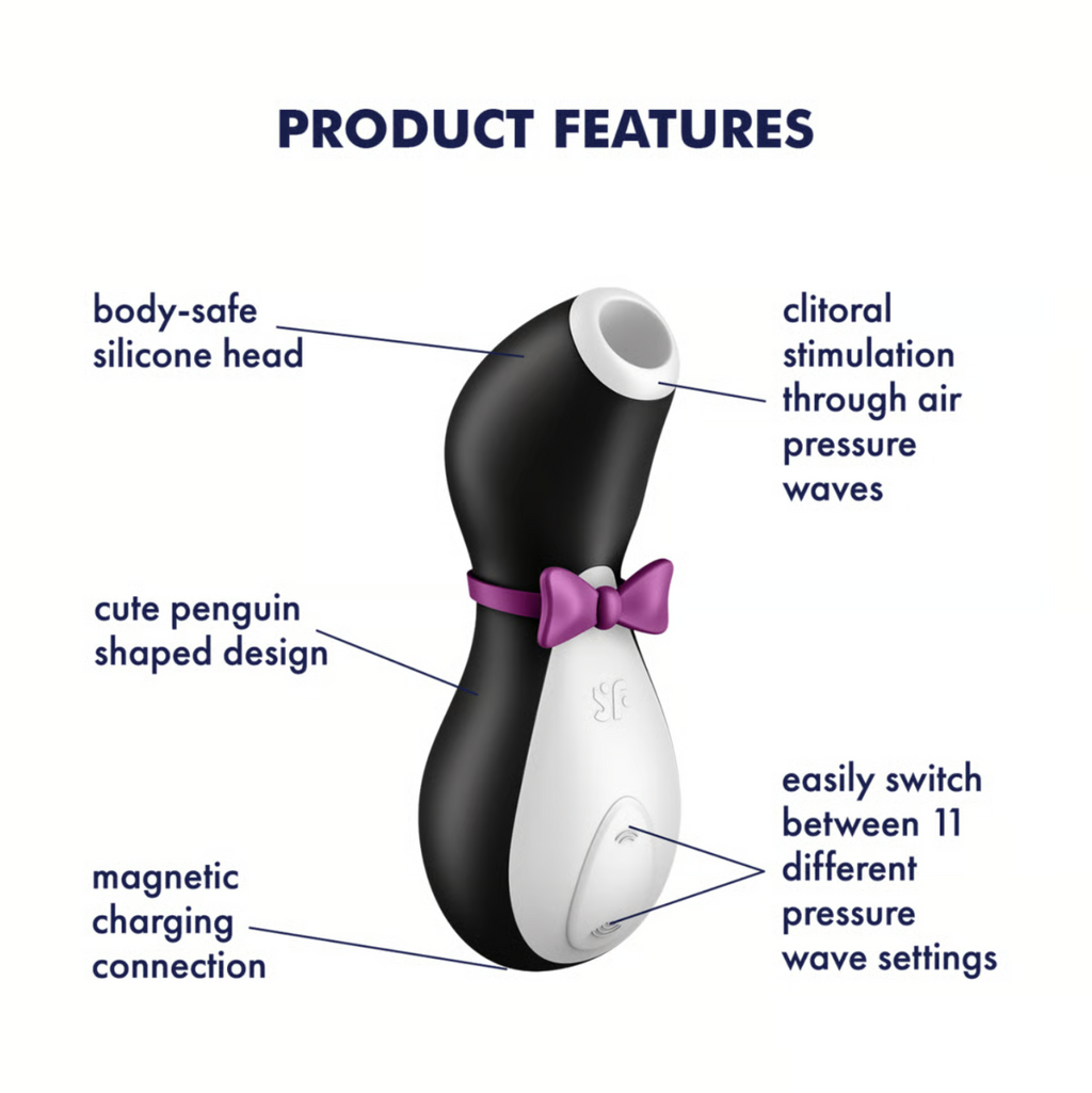 product features of Black and white Satisfyer Penguin air pulse clitoris stimulator with a pink bow on a white background