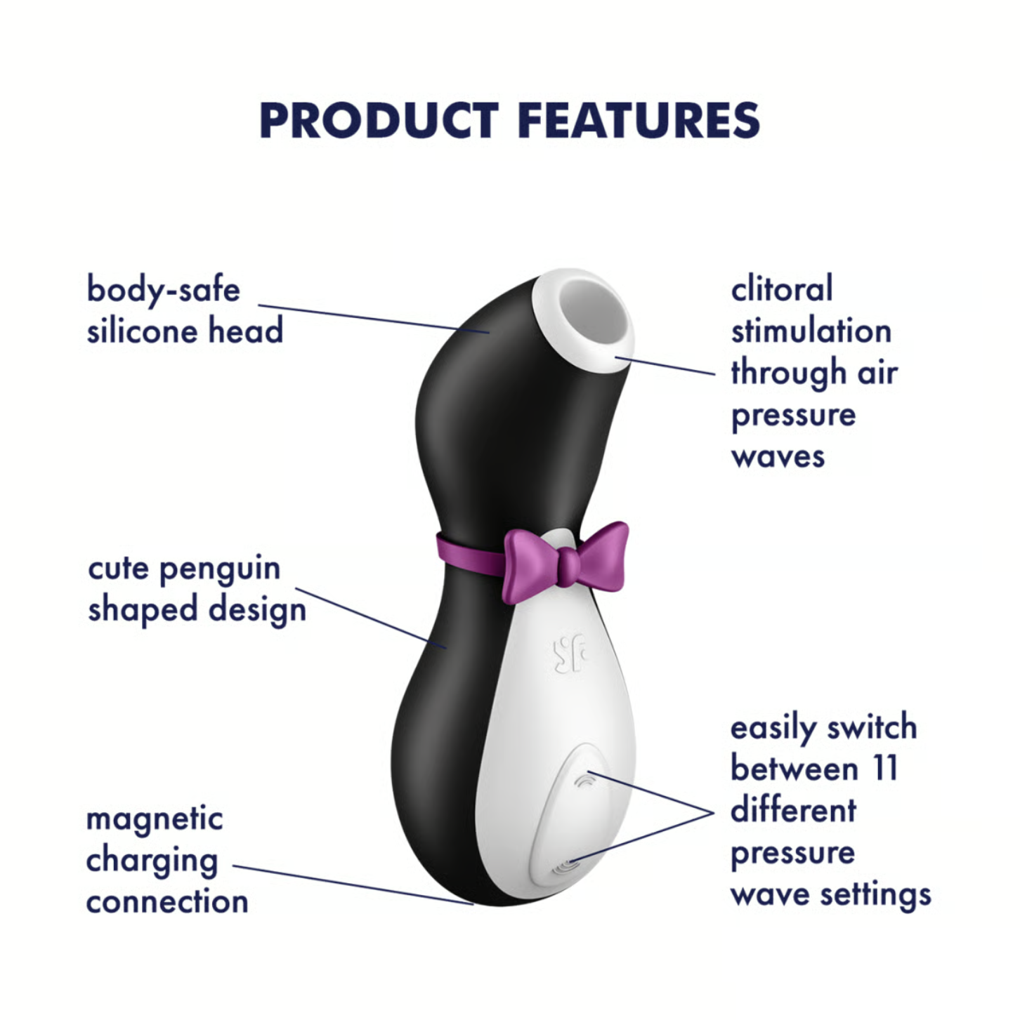 product features of Black and white Satisfyer Penguin air pulse clitoris stimulator with a pink bow on a white background