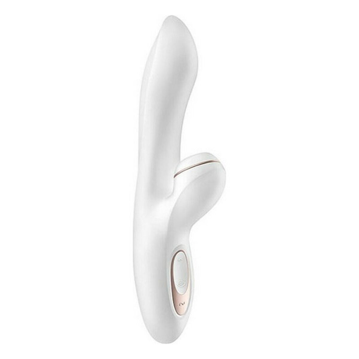 White and rose gold sexual wellness device on a white background