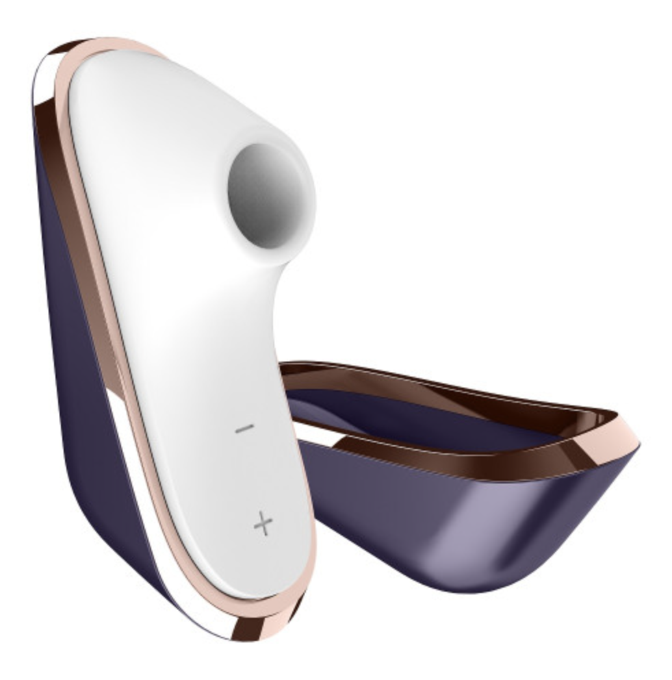 White and rose gold erotic electronic device with a purple case on a white background