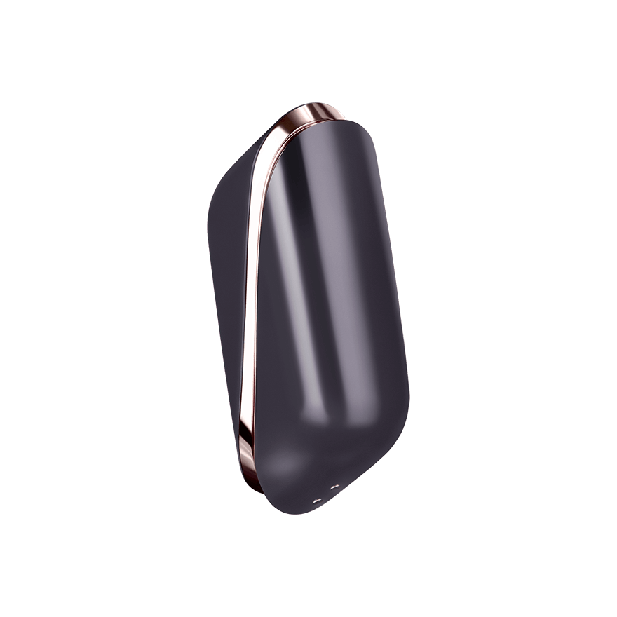 Black electronic device with rose gold accents on a black background