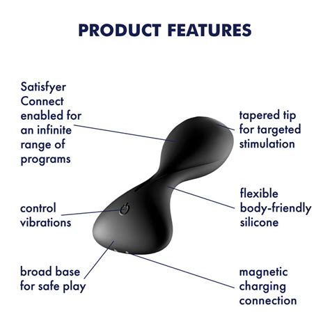 Product features of a black anal device with text on a white background