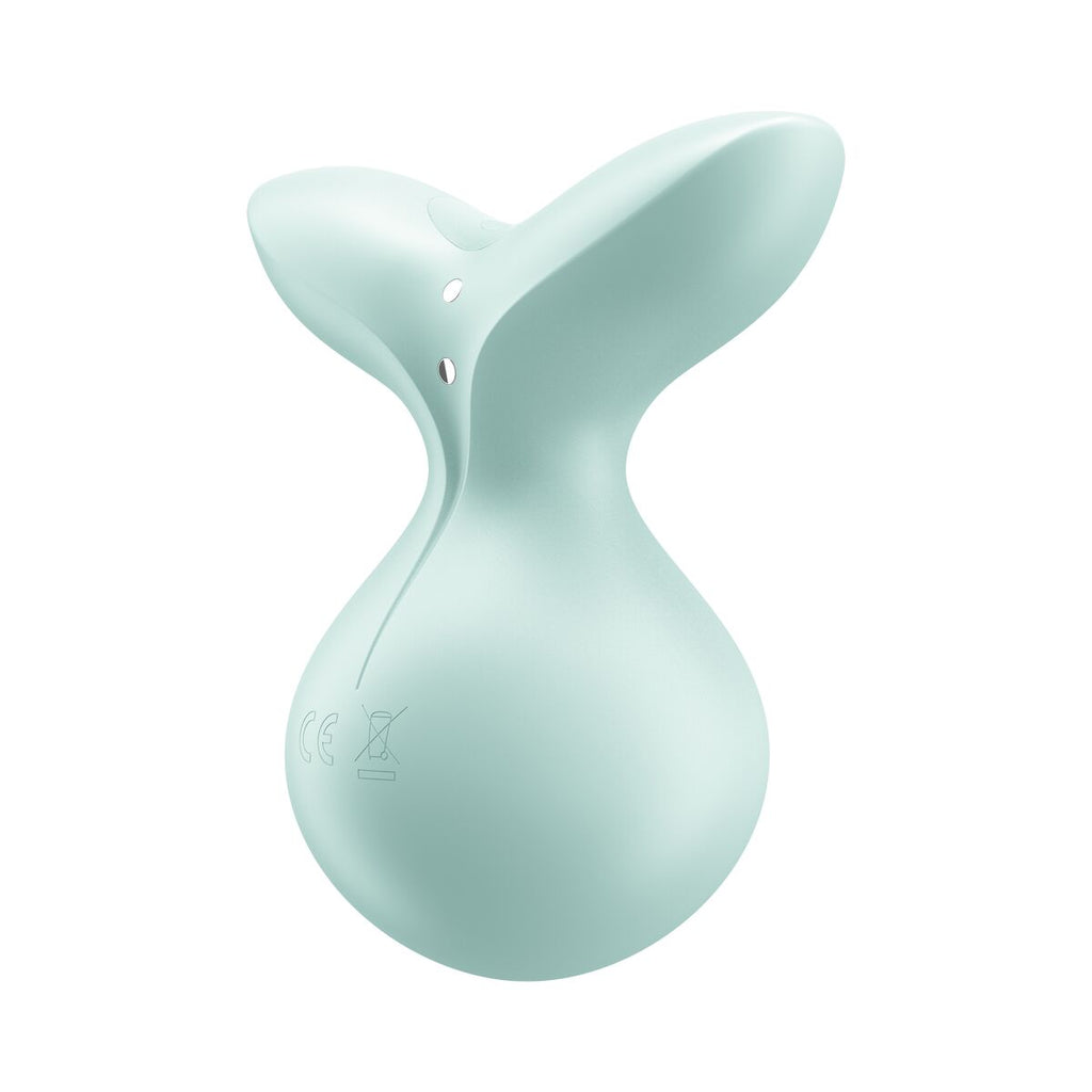 Mint green silicone butt plug with brand logo on a white background