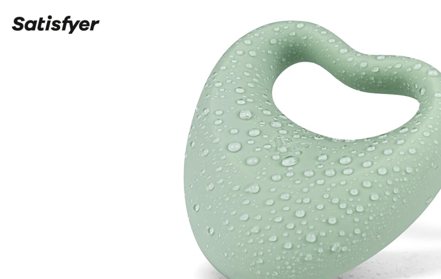 Silicone product with water droplets on a white background, branded 'Satisfyer'.