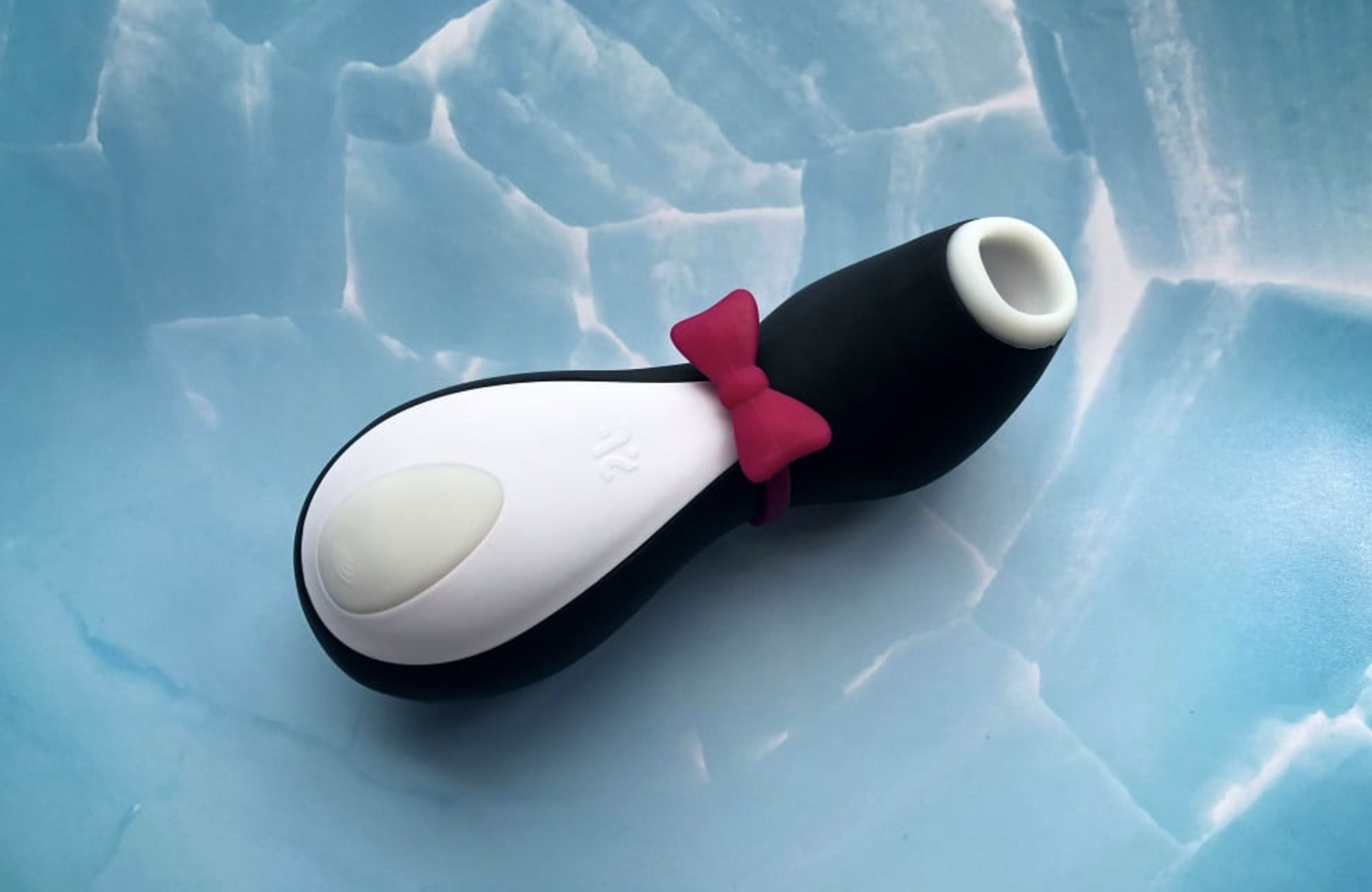 black and white penguine shaped electronic device on ice-like surface
