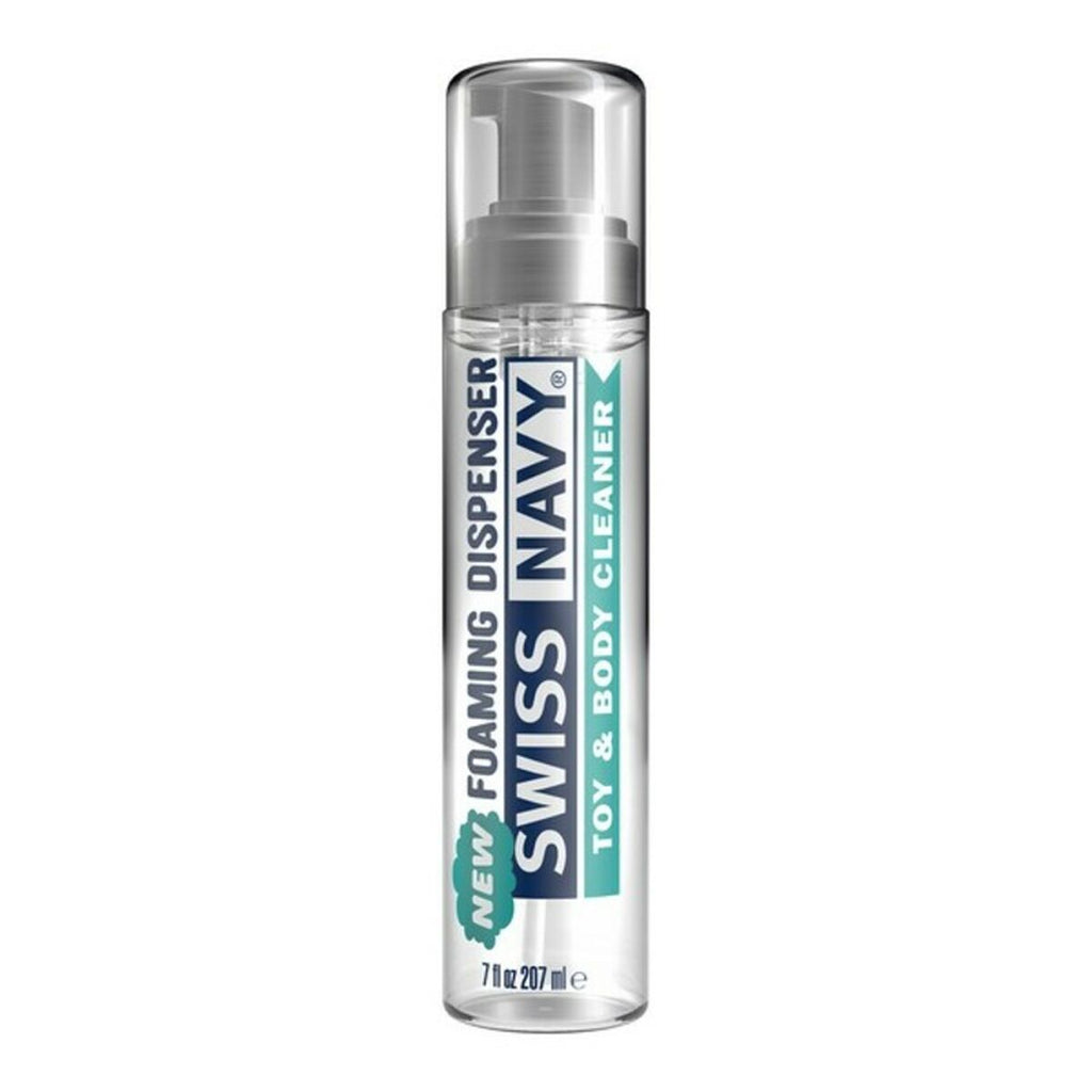 Swiss Navy Foaming Dispenser for sex toy and intimate body cleaning on a white background