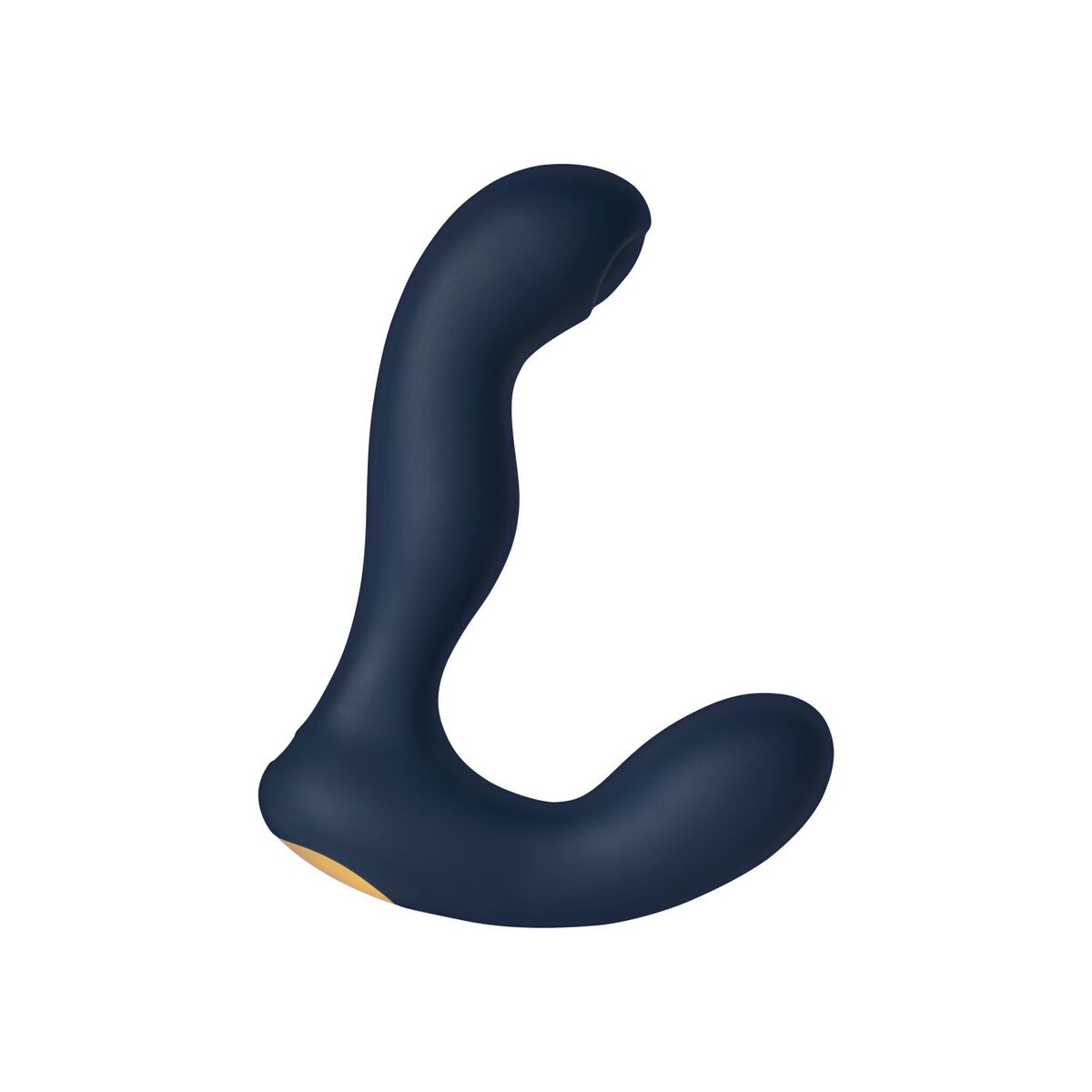 Dark blue silicone butt plug on a white background