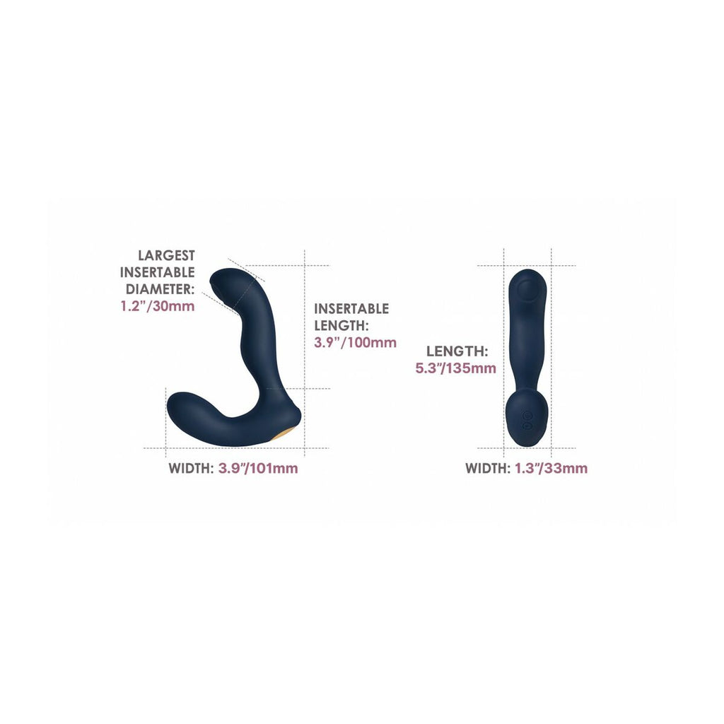 Measurement chart of a blue butt plug device with dimensions labeled.