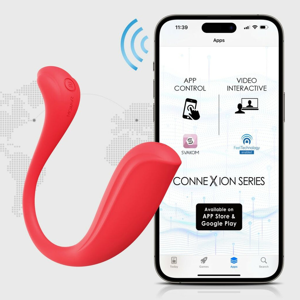 Red electronic sexual wellness device with smartphone displaying app interface on a white background