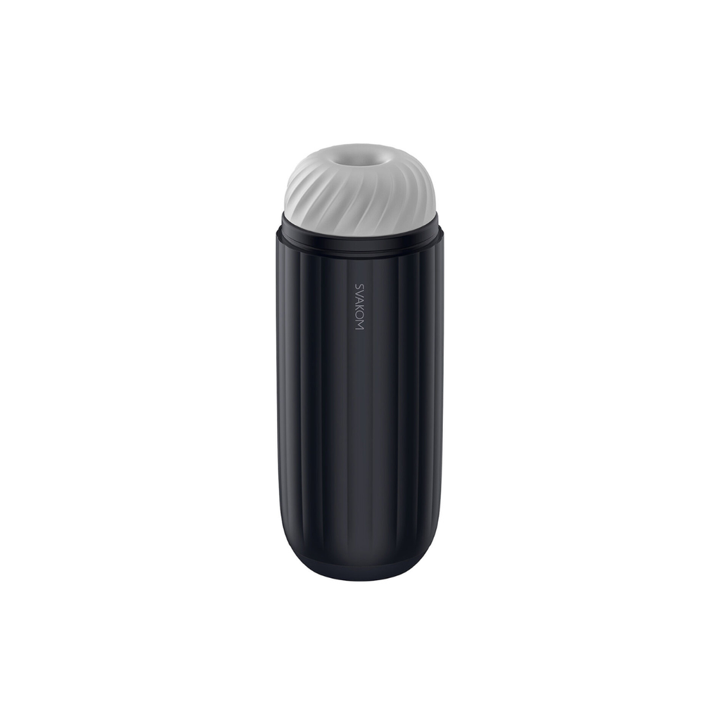 Black male masturbator sleeve with a white lid on a white background