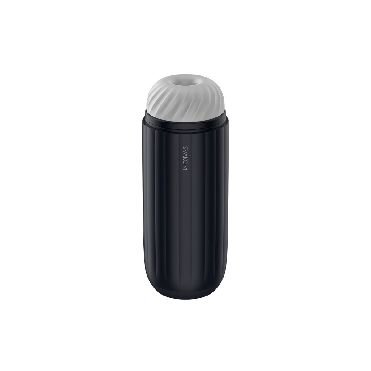 Black male masturbator sleeve with a white lid on a white background