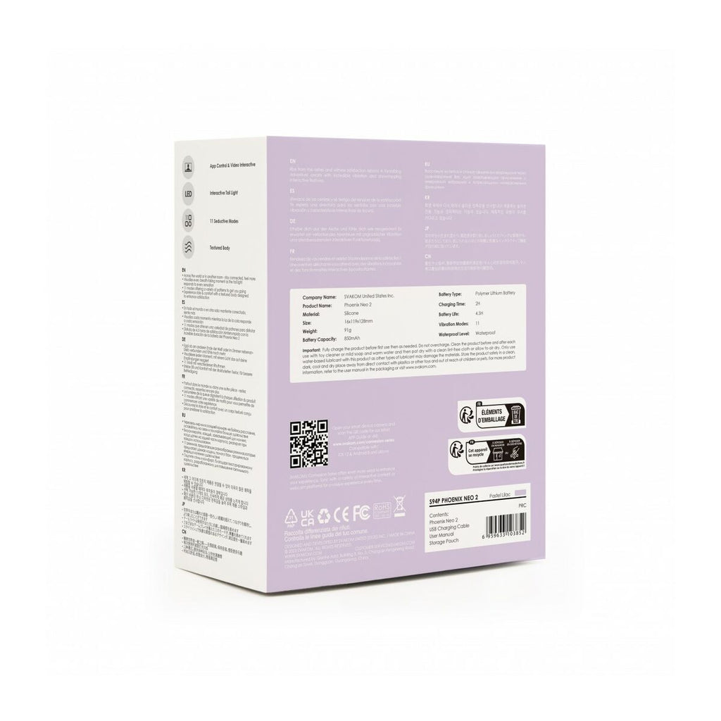 Purple product packaging with details  and text and QR code on a white background