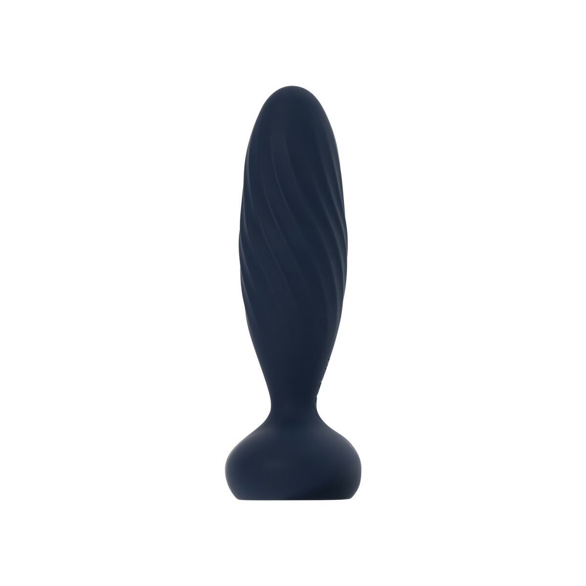 Black silicone butt plug on a white background